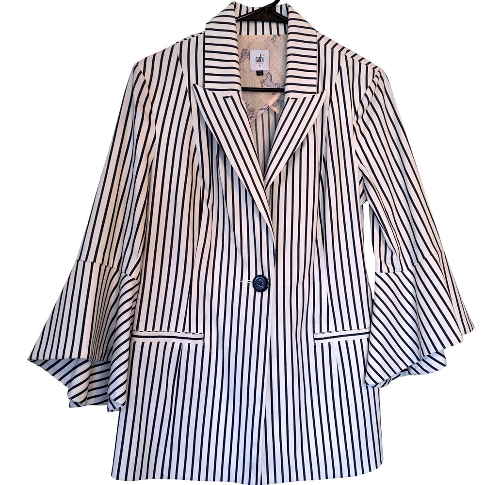 Cabi Striped Bell Sleeve Blazer Jacket Black White Horse Print Lined Size 4 - Picture 2 of 14